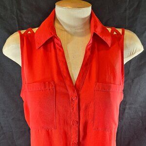 Express Portofino Sleeveless Semi Sheer Coral Red Tank w/ Strappy Yoke M